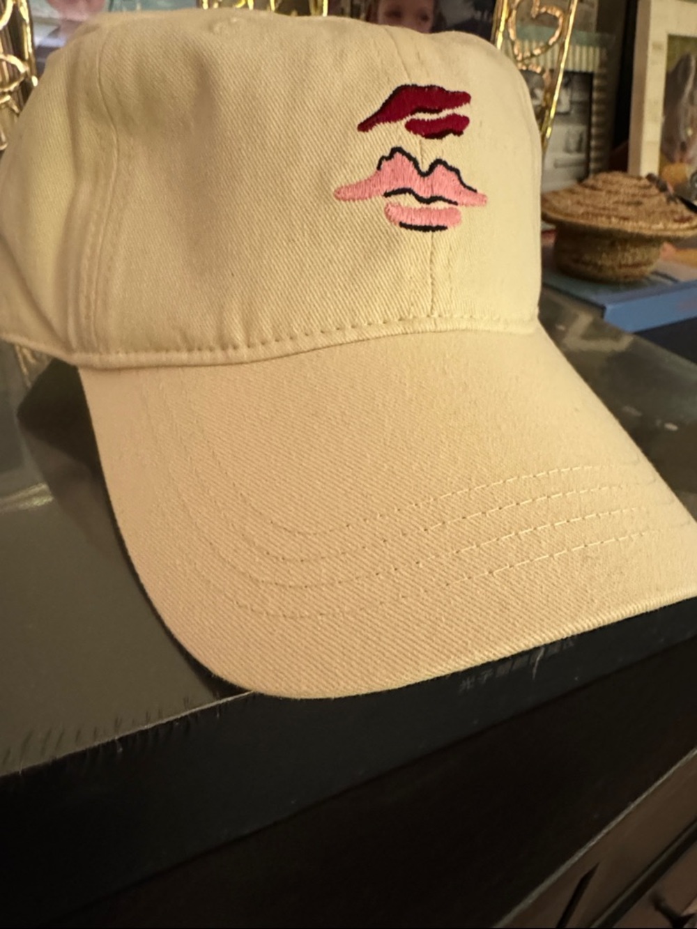 Unbranded Cream Baseball Cap with Pink & Red Lip Embroidery